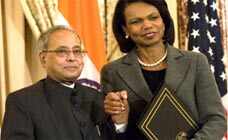 Indian Foreign Minister Pranab Mukherjee shakes hands with US Secretary of State Condoleezza Rice after signing the US-India Civil Nuclear Agreement 
